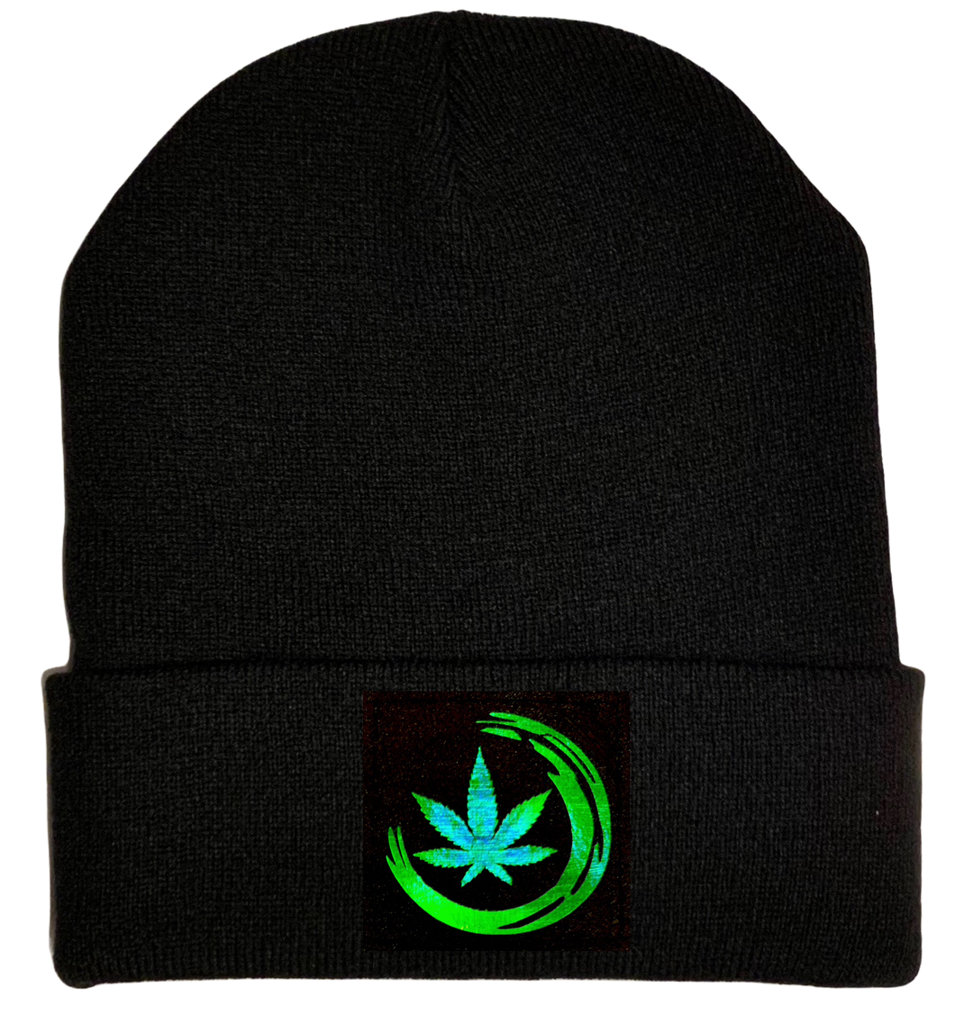 Beanie - Black with Hand Made Holographic Green, Vegan Leather Zen Cannabis Leaf Patch over your Third Eye - Plant Medicine Hat by Buddha Gear 