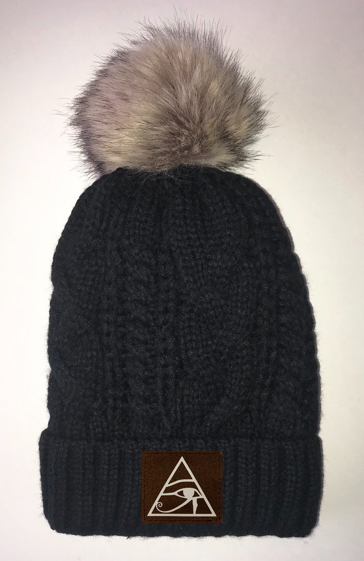 Beanies - Black, Cable Knit, Blanket Lined Pom Pom Beanie with Moons, Namaste, Infinite Love, Unicorn, Tree of Life, Coffee, Om, Cannabis, Utah Mountains, Ganesha, Om, Eye of Horus, Heavily Meditated