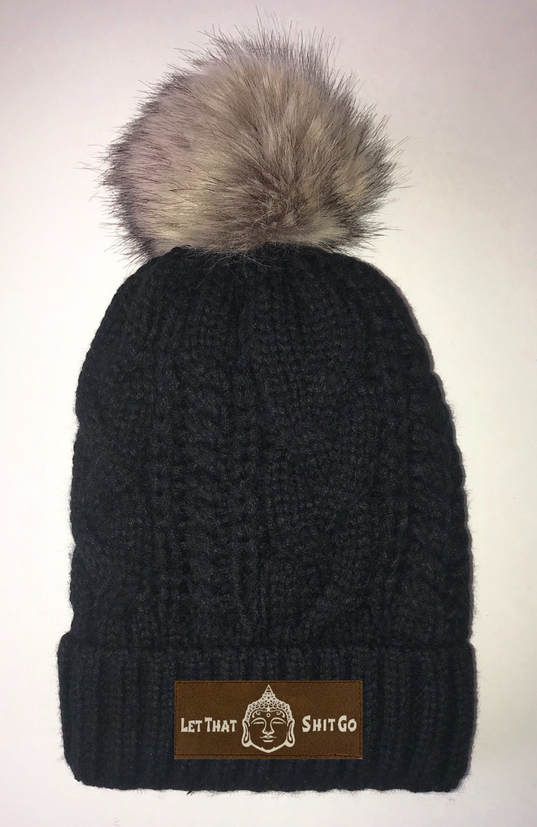 Yoga Clothing Black, Cable Knit, Blanket Lined Pom Pom Beanie with Moons, Namaste, Infinite Love, Unicorn, Tree of Life, Coffee, Om, Cannabis, Utah Mountains, Ganesha, Om, Eye of Horus, Heavily Meditated. All patches are Vegan and Hand Made Buddha Gear