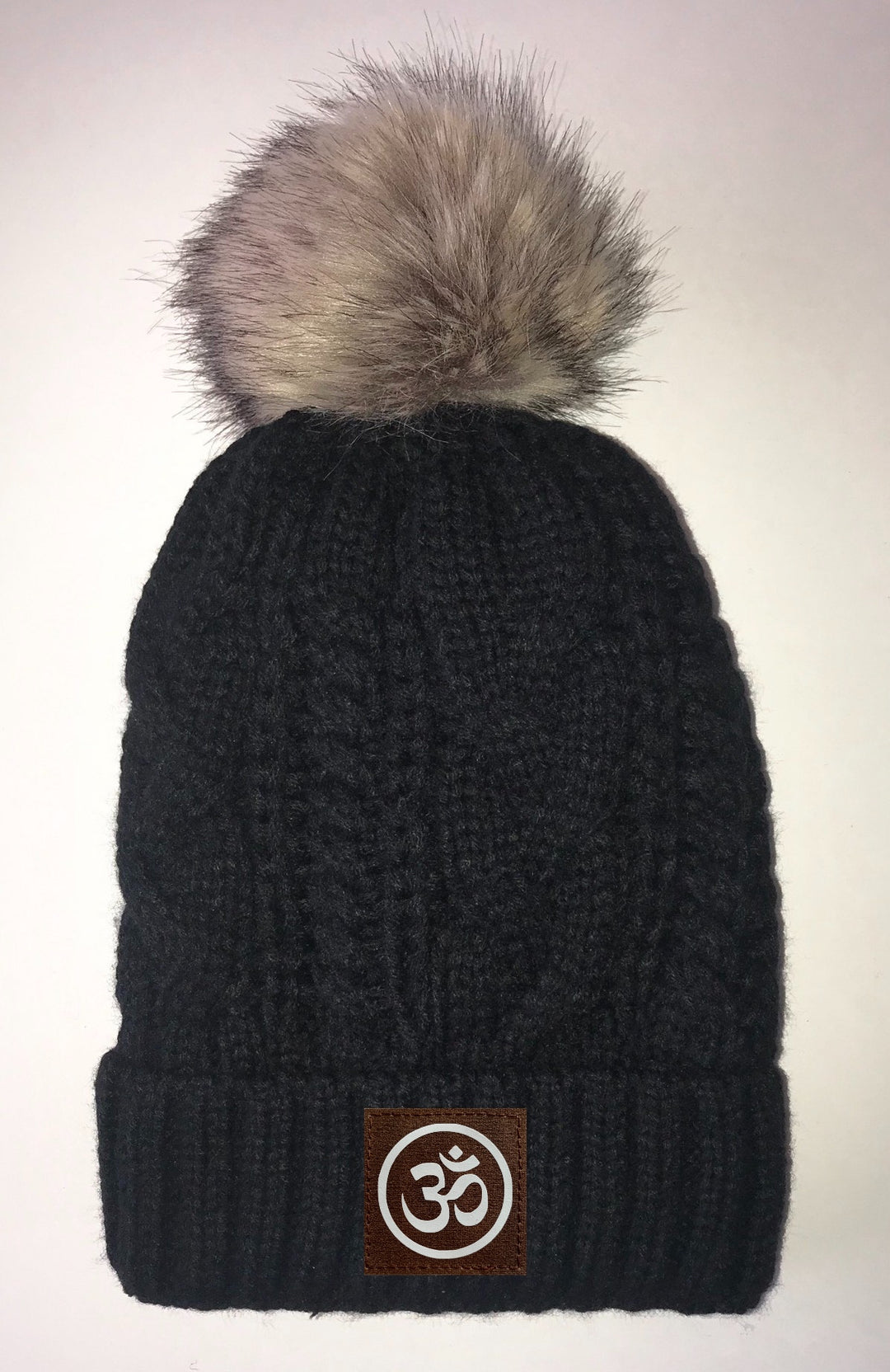 Yoga Clothing Black, Cable Knit, Blanket Lined Pom Pom Beanie with Moons, Namaste, Infinite Love, Unicorn, Tree of Life, Coffee, Om, Cannabis, Utah Mountains, Ganesha, Om, Eye of Horus, Heavily Meditated. All patches are Vegan and Hand Made Buddha Gear