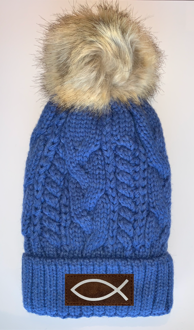 Buddha Beanies Plush Blue, Blanket Lined Cable Knit, Pom Pom Beanie with Unicorn, Om, Phoenix, Namaste, Lotus, Tree of Life, Moons, Infinite Heart or Cristian Fish/ichthus Buddha Wear Buddha Gear