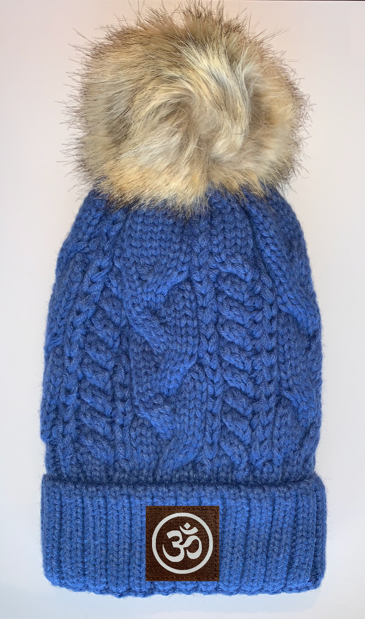 Plush Blue, Blanket Lined Cable Knit, Pom Pom Beanie with Unicorn, Om, Phoenix, Namaste, Lotus, Tree of Life, Moons, Infinite Heart or Cristian Fish/ichthus Buddha beanies by Buddha Gear 