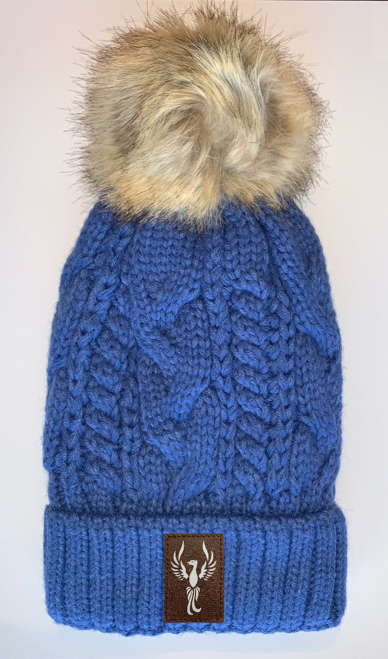 Plush Blue, Blanket Lined Cable Knit, Pom Pom Beanie with Unicorn, Om, Phoenix, Namaste, Lotus, Tree of Life, Moons, Infinite Heart or Cristian Fish/ichthus Buddha Gear