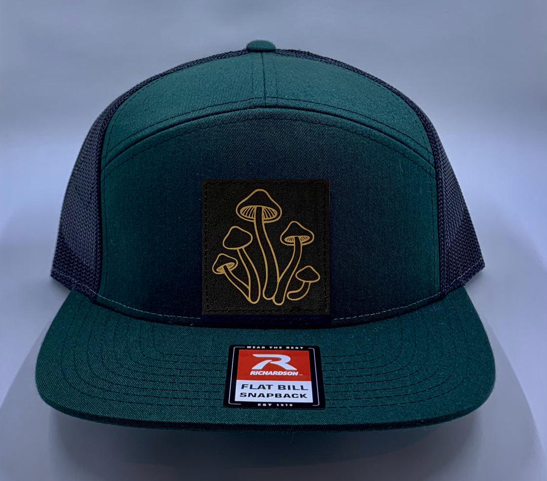 Psychedelic Hat Green 4 Panel Flatbill Buddha Lid w Handmade Cannabis, Flower of Life, Merkaba, Om, Eye of Horus, Mushrooms, Compass, Yin Yang Sun, Tree of Life, Triquetra, Ganesha Patch over your Third Eye Skater Hat