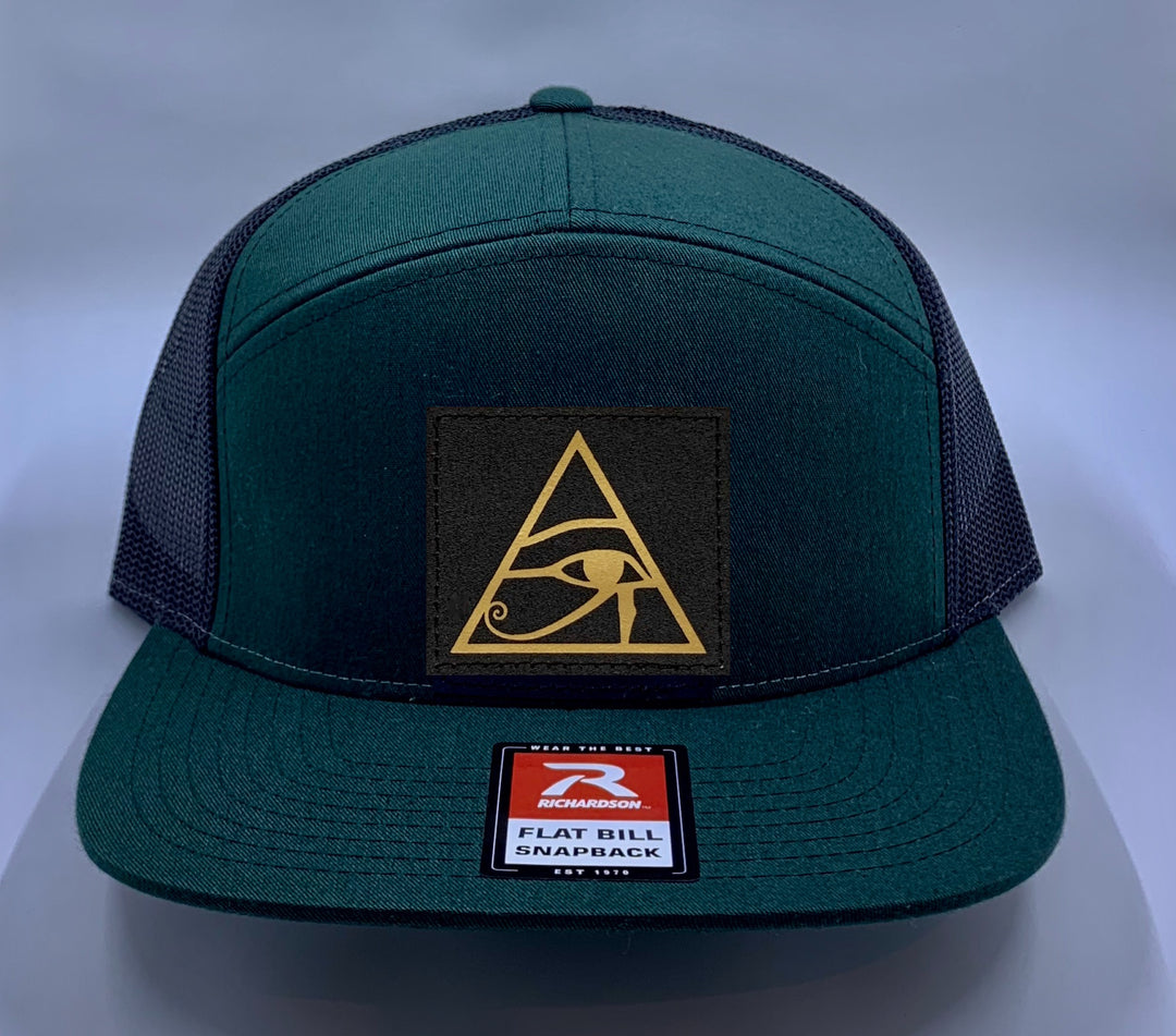 Skater Hat Green 4 Panel Flatbill Buddha Lid w Handmade Cannabis, Flower of Life, Merkaba, Om, Eye of Horus, Mushrooms, Compass, Yin Yang Sun, Tree of Life, Triquetra, Ganesha Patch over your Third Eye