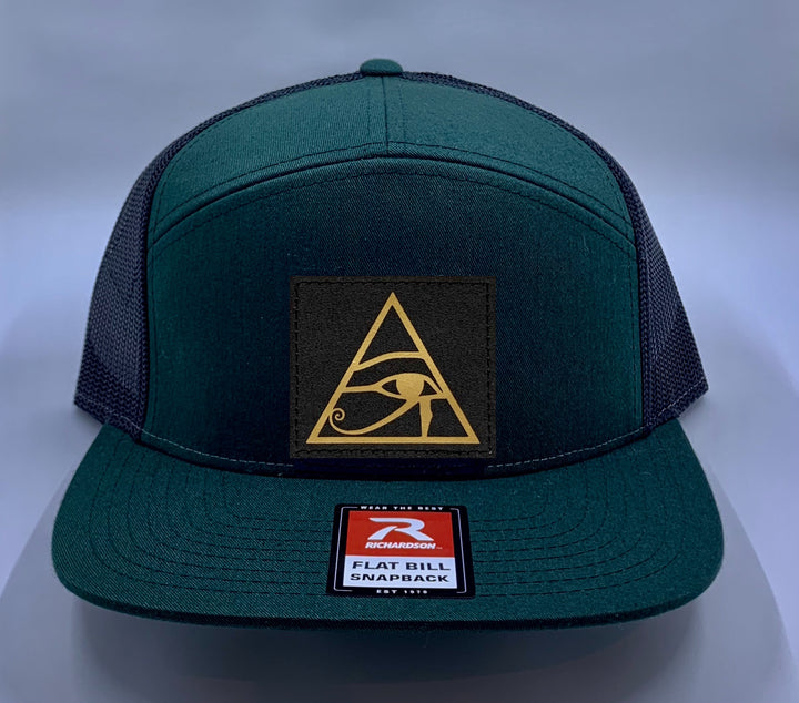 Skater Hat Green 4 Panel Flatbill Buddha Lid w Handmade Cannabis, Flower of Life, Merkaba, Om, Eye of Horus, Mushrooms, Compass, Yin Yang Sun, Tree of Life, Triquetra, Ganesha Patch over your Third Eye