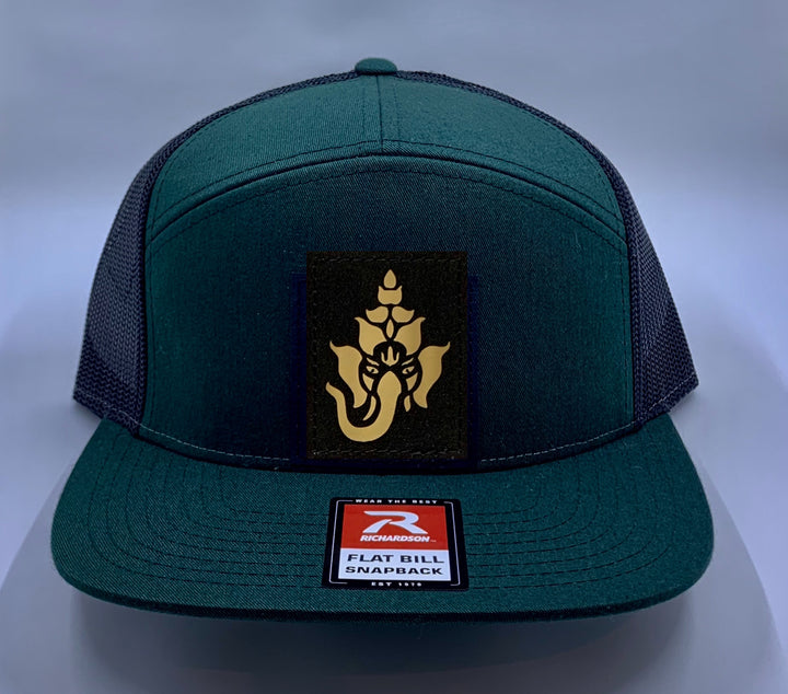 Skater Hat Green 4 Panel Flatbill Buddha Lid w Handmade Cannabis, Flower of Life, Merkaba, Om, Eye of Horus, Mushrooms, Compass, Yin Yang Sun, Tree of Life, Triquetra, Ganesha Patch over your Third Eye Buddha Gear 