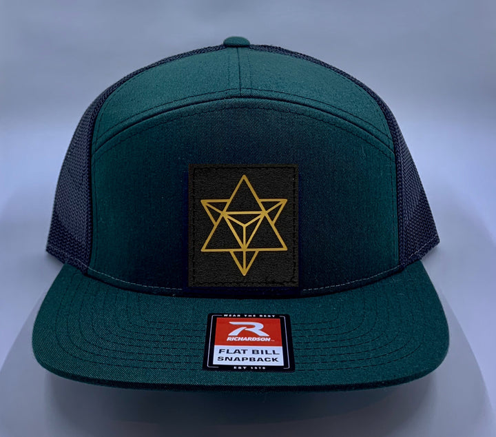 Skater Hat Green 4 Panel Flatbill Buddha Lid w Handmade Cannabis, Flower of Life, Merkaba, Om, Eye of Horus, Mushrooms, Compass, Yin Yang Sun, Tree of Life, Triquetra, Ganesha Patch over your Third Eye Buddha Gear 