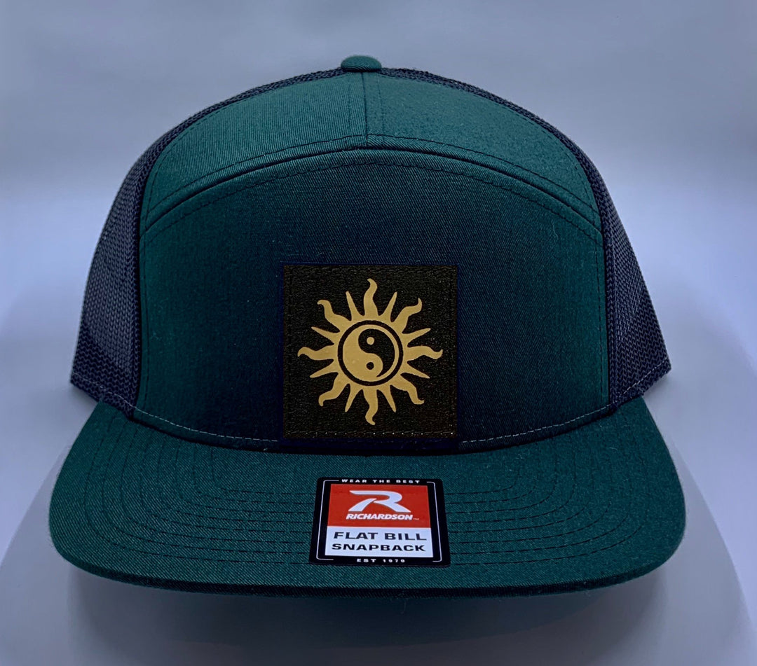 Skater Hat Buddha Gear Yoga Green 4 Panel Flatbill Buddha Lid w Handmade Cannabis, Flower of Life, Merkaba, Om, Eye of Horus, Mushrooms, Compass, Yin Yang Sun, Tree of Life, Triquetra, Ganesha Patch over your Third Eye