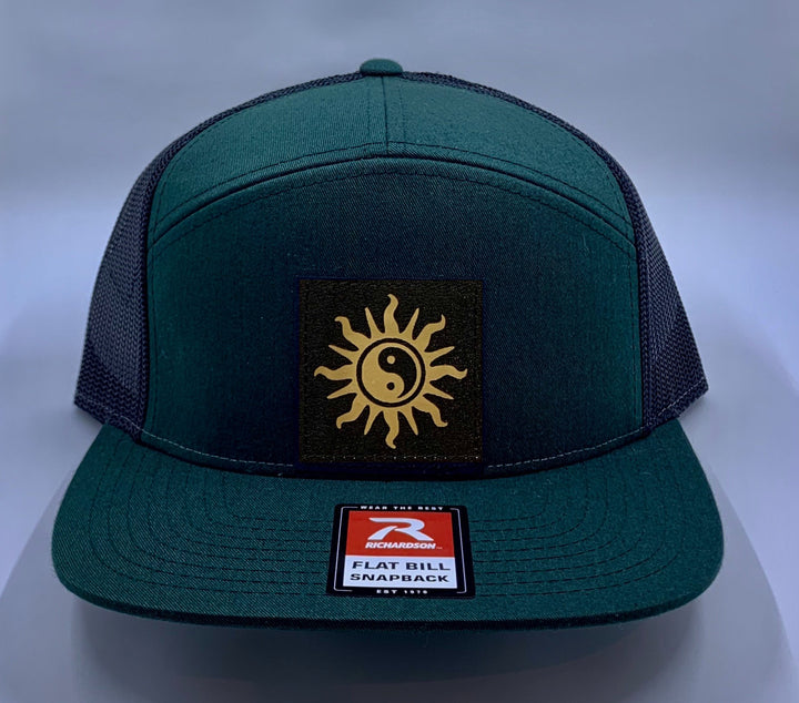 Skater Hat Buddha Gear Yoga Green 4 Panel Flatbill Buddha Lid w Handmade Cannabis, Flower of Life, Merkaba, Om, Eye of Horus, Mushrooms, Compass, Yin Yang Sun, Tree of Life, Triquetra, Ganesha Patch over your Third Eye