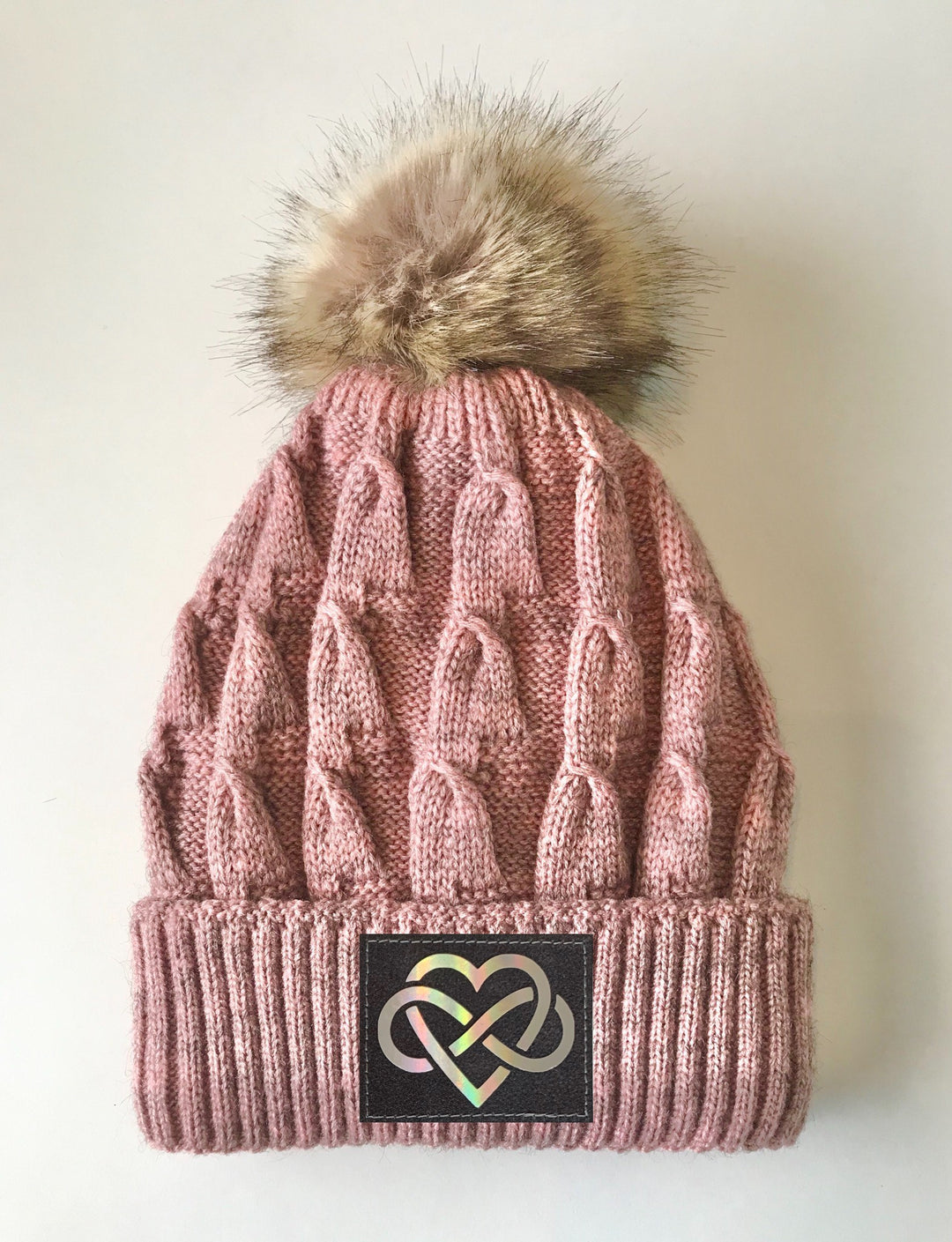 Infinite Love Pink Beanie Buddha Gear plush pom pom beanie with sacred symbols hearts