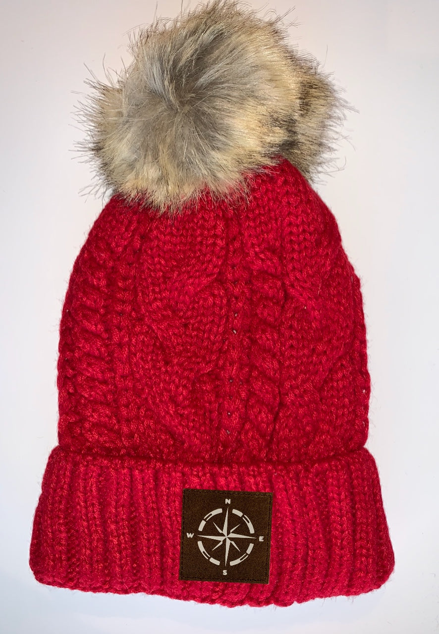 Plush Red, Blanket Lined Cable Knit, Pom Pom Beanie