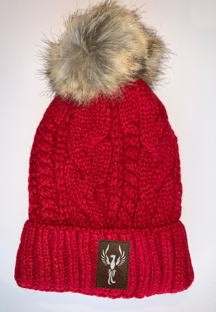 Red Plush Pom Pom Beanie with Unicorn, Om, Phoenix, Namaste, Lotus, Tree of Life, Moons, Infinite Heart or Cristian Fish / ichthus. Buddha Gear Buddha Wear