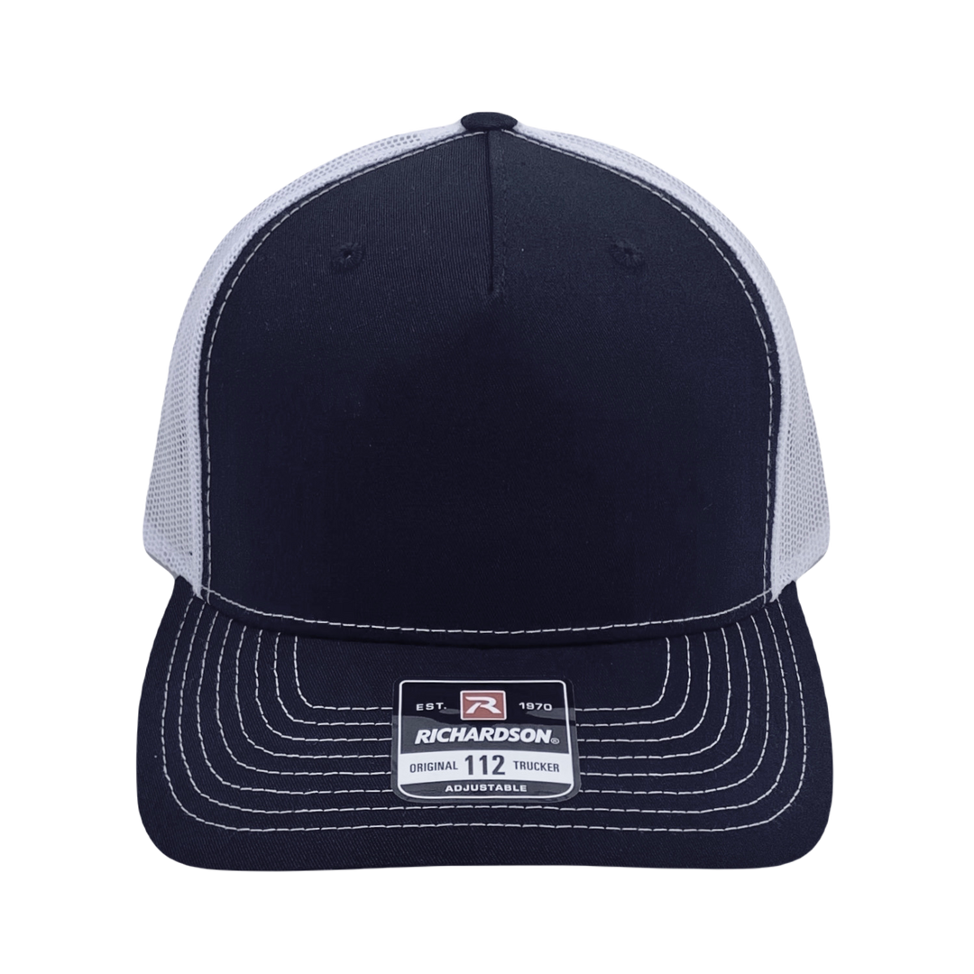 Richardson 112 original trucker hat, black/white five panel with black and holographic silver hand made vegan leather Alien by Buddha Gear