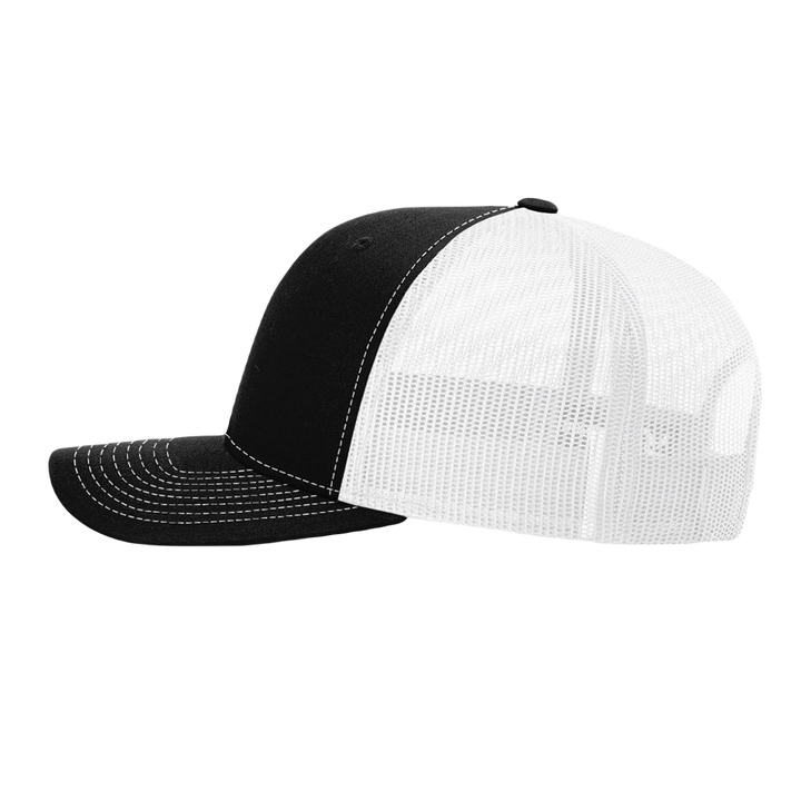 Richardson 112 original trucker hat, black/white five panel with black and holographic silver hand made vegan leather Alien by Buddha Gear