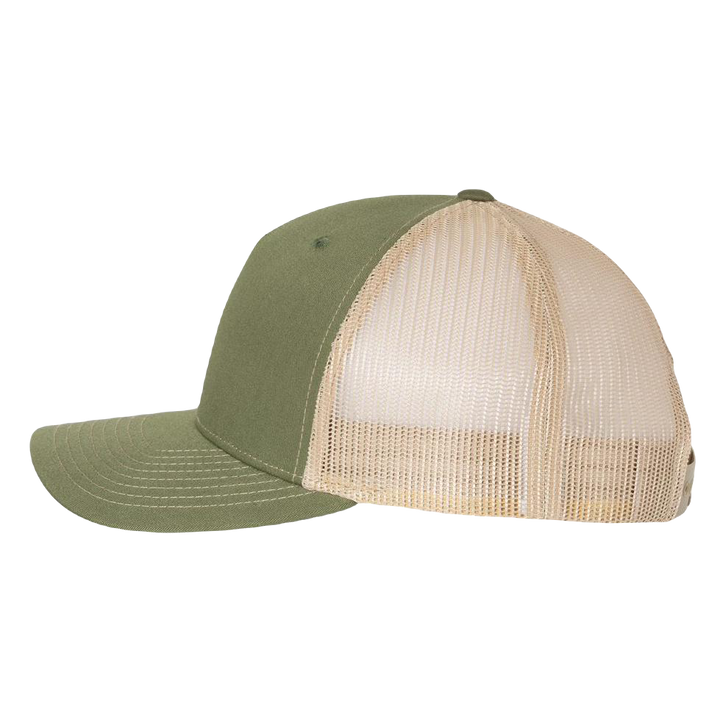 Richardson 112 trucker hat, olive/tan five panel hat with hand made, vegan leather brown/white Utah Skier patch by Buddha Gear