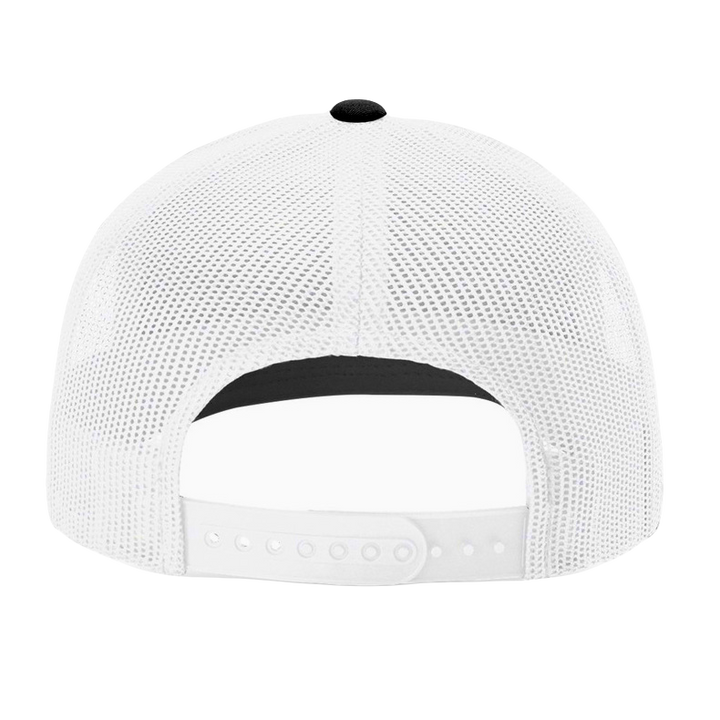 Richardson 112 original trucker hat, black/white five panel with black and holographic silver hand made vegan leather mushroom patch Buddha Gear