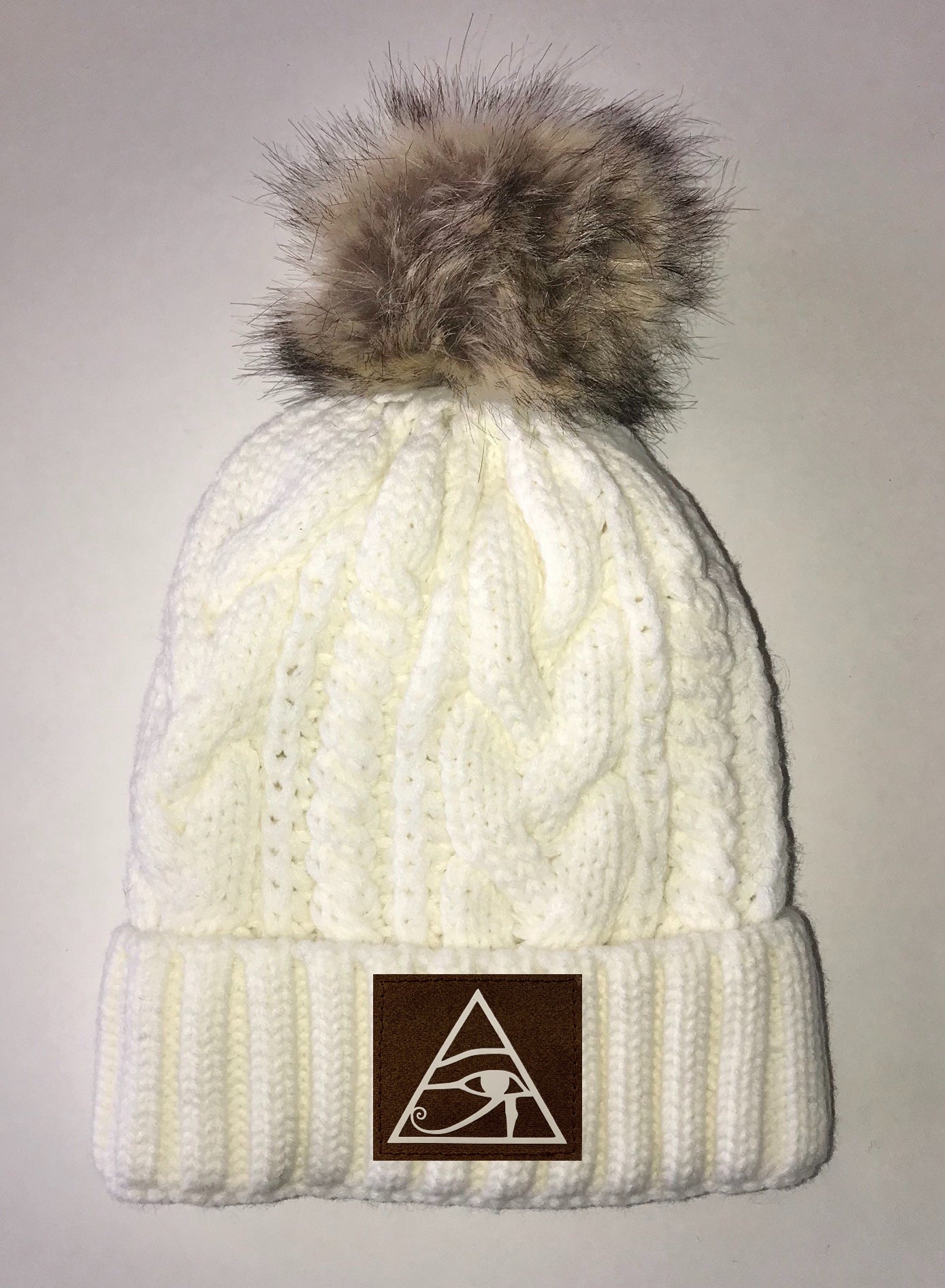 Beanies Eye of Horus  Ivory Plush, Blanket Lined Cable Knit, Pom Pom Beanie Buddha Gear