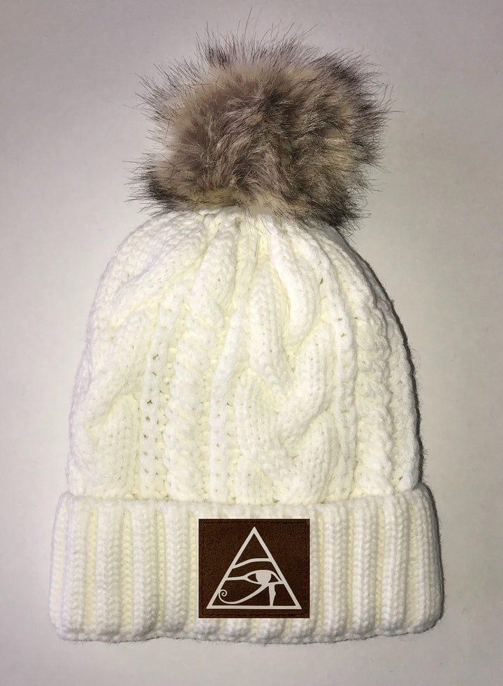 Beanies Eye of Horus  Ivory Plush, Blanket Lined Cable Knit, Pom Pom Beanie Buddha Gear