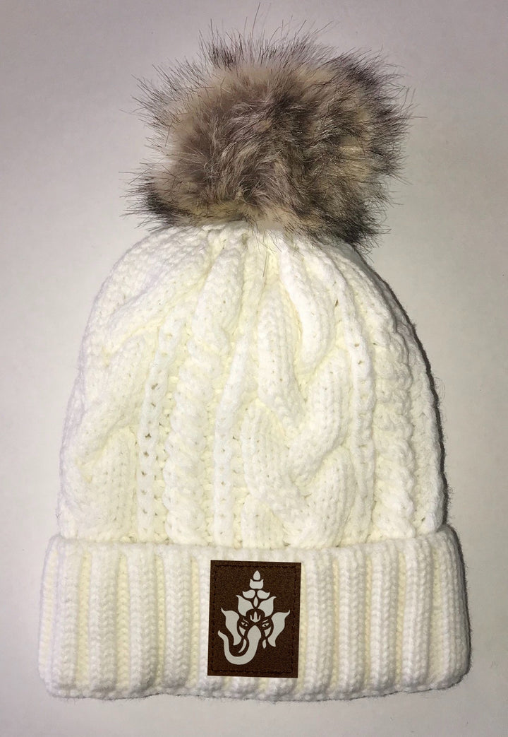 Ganesha Beanies - Ivory Plush, Blanket Lined Cable Knit, Pom Pom Beanie Buddha Gear Ganesha 
