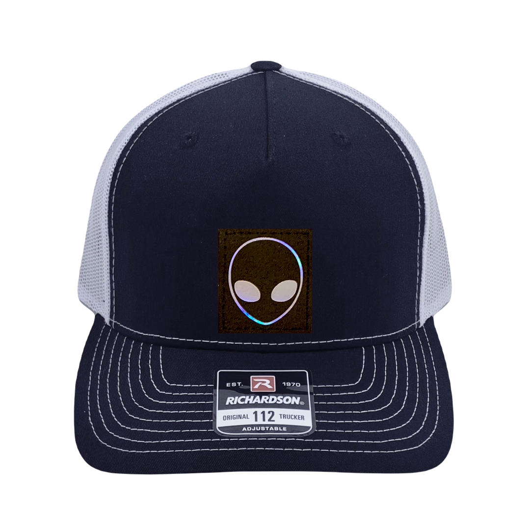 Richardson 112 original trucker hat, black/white five panel with black and holographic silver hand made vegan leather Alien by Buddha Gear