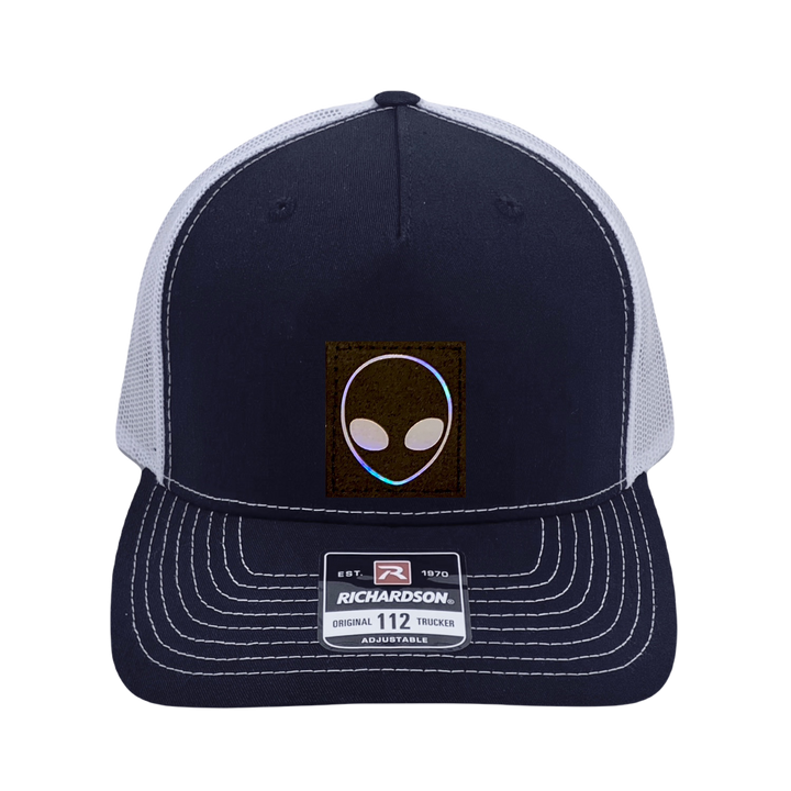 Richardson 112 original trucker hat, black/white five panel with black and holographic silver hand made vegan leather Alien by Buddha Gear